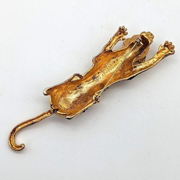 70s Spotted Leopard Brooch w Black Rhinestone Flowers Green Eyes Dangling Tail - Picture 13 of 13